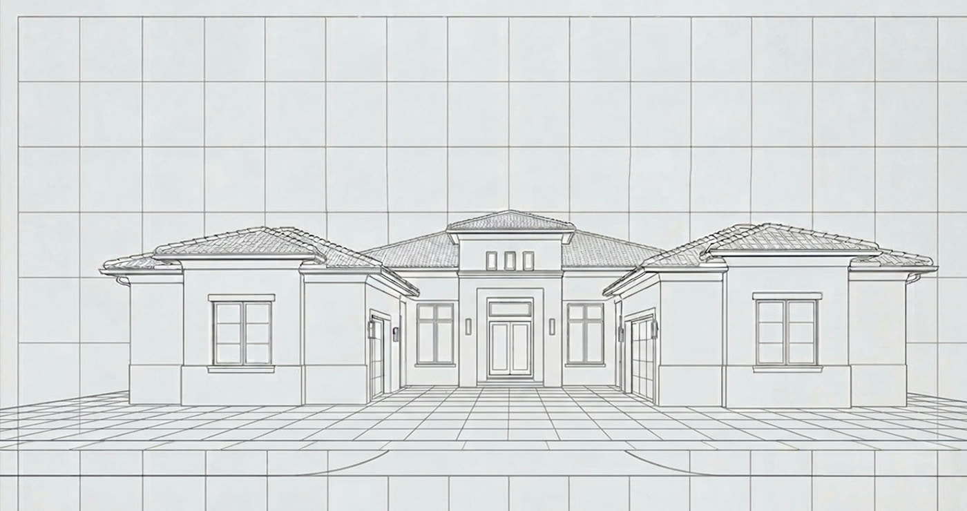 Architectural elevation drawn on the blueprint