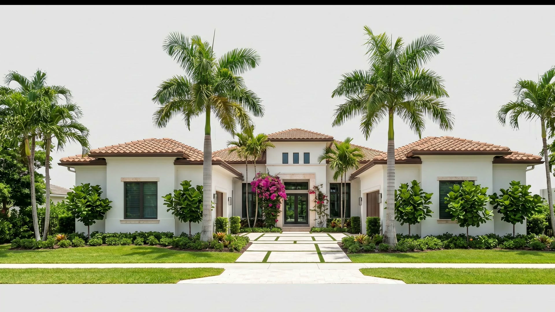 Finished luxury Florida estate landscaping by Southern Creations — royal palms, manicured hedges, paver walkway